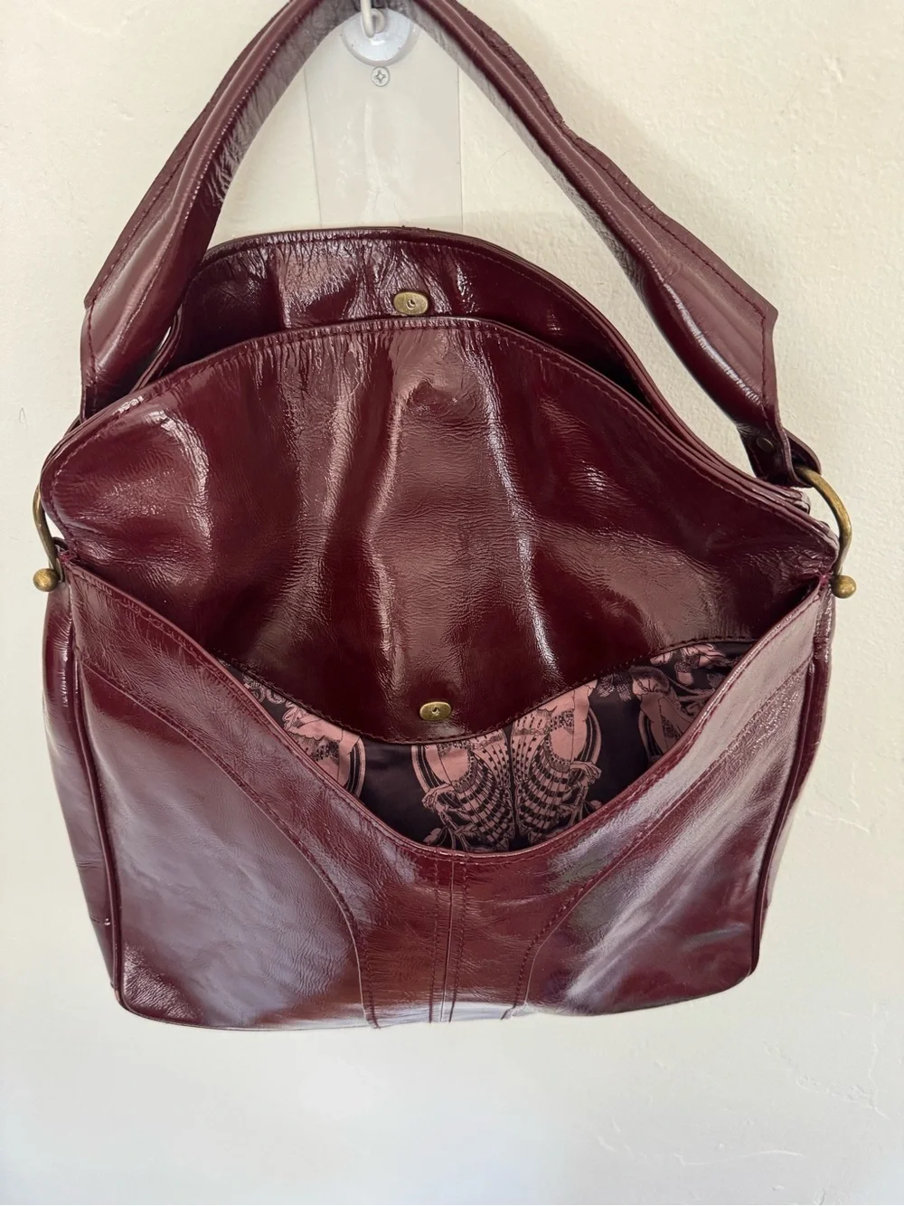 Anthropologie Bica Cheia Burgundy Slouchy Hobo Bag Patent Leather